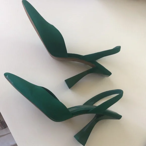 Zara Satin Green V Cut Heels Size 38 - Picture 2 of 5